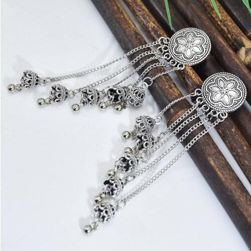 Bohemia Vintage Ethnic Gypsy Indian Earrings Alloy Carved Long Tassel Bell Pendant Womens Earrings Fashion Exaggerated Jewelry