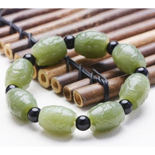 Natural Hetian jade bracelet hand carved zodiac signs jade beads bracelet for women men bracelet 15*18mm