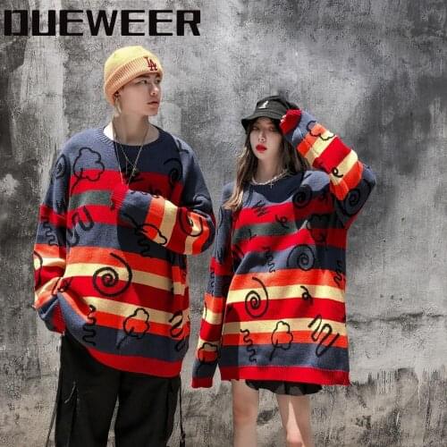Dueweer Men Hip Hop Rainbow Striped Sweaters Harajuku Hand Painted Graffiti Pullover Multicolor Color Block Sweater