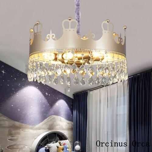European luxury golden crown chandelier Girl Bedroom Princess room lamp cartoon creative LED crystal chandelier