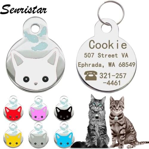 Personalized Pet Cat ID Tag Custom Engraved Metal Cat Pattern Tags Name Phone for Kitten Siamese Cat Collar Tag Accessories