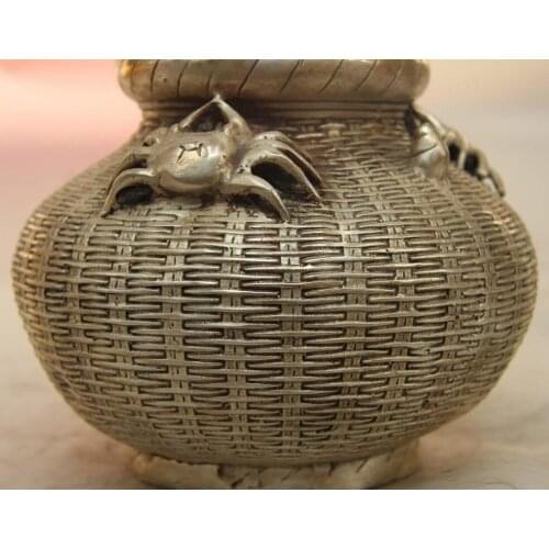 China Folk White Copper Silver Carved Crab Bamboo Baskets Tank Crock kettle Pot