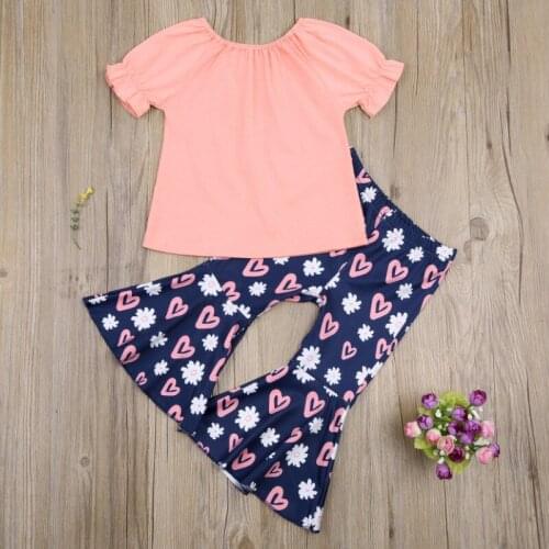 Girls Two Piece Set, Childrens Short Ruffled Sleeve Solid Color Shirt Printed Pants for Kids Summer 2021