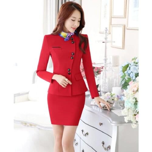Novelty Red Slim Fashion Career Work Wear Suits With Jackets And Skirt Elegant Professional Business Women Blazers Outfits