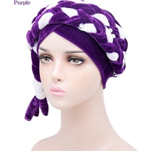 Hijabs Scarf European And American Autumn/Winter New Velvet Two-color Braid Headscarf Cross-border Muslim Beaded National Hat