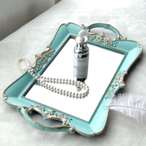 Oval Storage Tray Blue Retro Mirror Skin Care Product Storage Tray French Retro Teacup Food Jewelry Storage Box Home Decoration