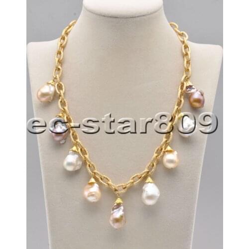 P6824 18" White Pink Lavender Baroque Drip Keshi Reborn Pearl Necklace Pendant