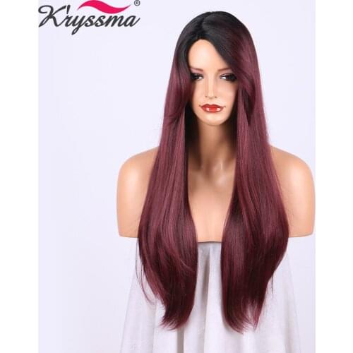 Kryssma Ombre Wig with Black Roots Burgundy Long Straight Wig Red Wine Synthetic Hair Wigs for Women 20 Inches Heat Resistant