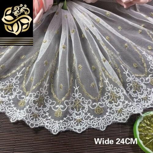 24CM Wide Luxury Black And White Gold Lace Embroidery Dress Guipure Flowers Trim Lace Fabric DIY Sewing Accessories
