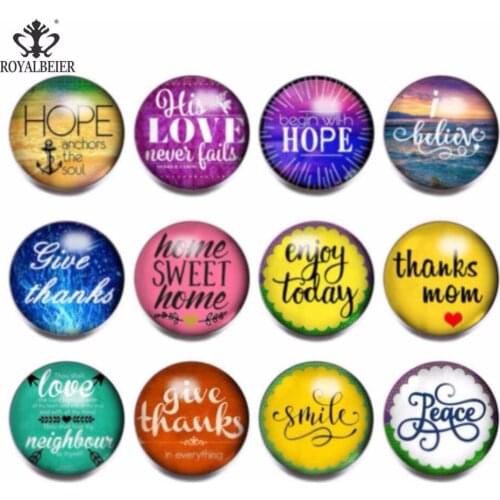 RoyalBeier 12pcs/lot Love Hope Theme Glass Charms 18mm Snap Button Jewelry For 20mm Snaps Bracelet Snap Jewelry KZ0792