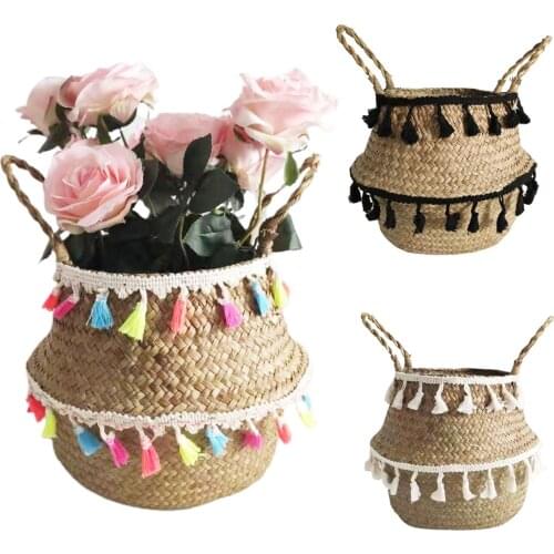 Handmade Tassel Faux Seagrass Sundries Storage Basket Household Pot Container