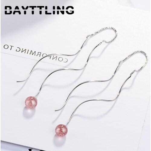 BAYTTLING 925 Sterling Silver 27MM Fine Round Strawberry Crystal Long Tassel Drop Earrings For Woman Fashion Couple Jewelry Gift