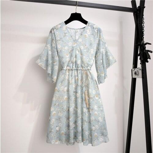 Spring Summer Chiffon Dress Women Knee Length V-Neck Print Dresses Sweet Ruffle Sleeeve Slim New Casual Drawstring Women Dress