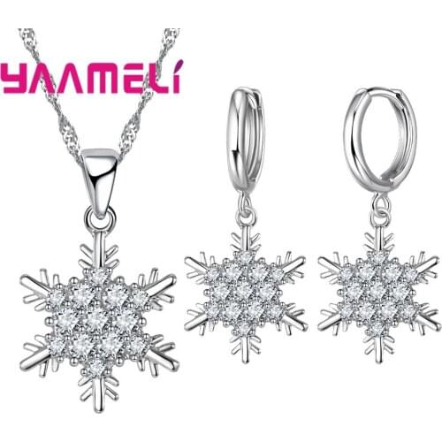 Sparkling Snowflake Shape 925 Silver Necklace/Earring Classic Jewelry Sets AAA Zircon For Women Decoration