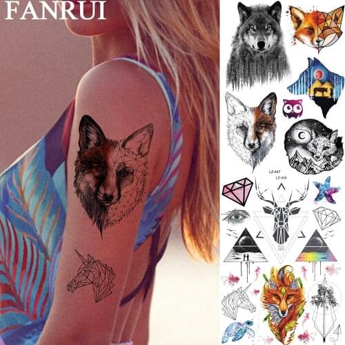 FANRUI Wolf Fox Mountain Geometric Diamond Temporary Tattoo Sticker Forest Deco Fake Tatoo Women Men Body Art Arm Custom Tato