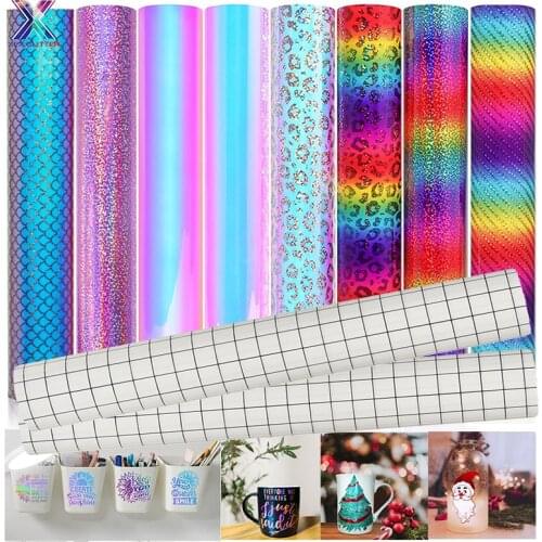 XFX HTV 10 Sheet Rainbow Adhesive Vinyl Holographic Gradient Glitter Craft Vinyl 12*12 IN Self Adhesive Vinyl for Cup DIY Cricut