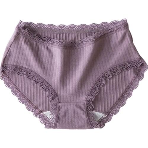 Women Soft Briefs Sexy Lingerie Female Mid Rise Cotton Panties Underwear Lace Solid Color Breathable Briefs