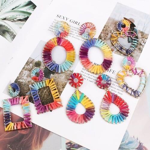 ES1033 Fashion Multicolor Handmade Weave Lafite Drop Earrings For Women Boho Bohemia Heart Raffia Statement Earrings Jewelry NEW