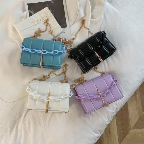 Women Tassel PU Leather Mini Purse Female Pure Color Square Grid Thick Chain Shoulder Messenger Bag Streetwear