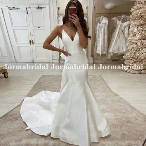 White Satin Mermaid Wedding Dress Spaghetti Straps V-Neck Bridal Gowns Vestidos Blancos Cheap Long Dress For Bride To Be 2021