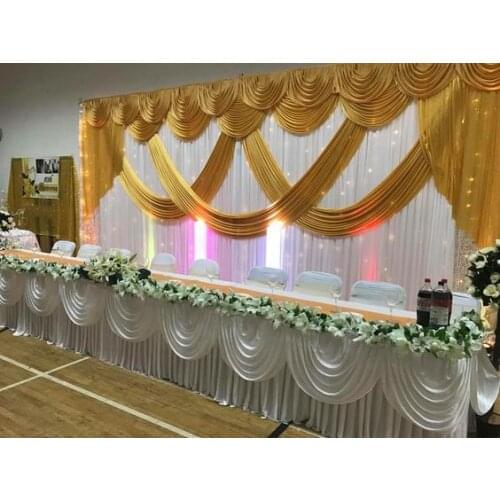 10ft x 20ft Silk White Wedding Backdrop with Gold swags wedding Decoration stage curtain with starlit lighting