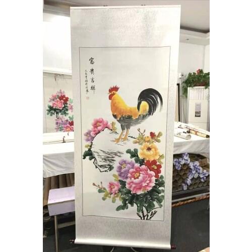 175cm large Huge -hall Lobby HOME company WALL painting Hand painted Rich peony flower lucky cock FENG SHUI chinese painting