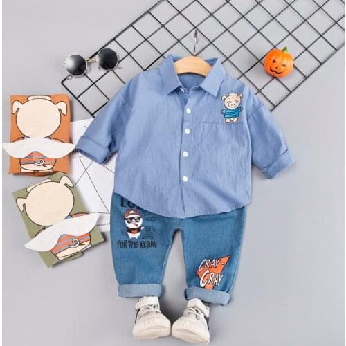 Autumn Children Baby Boys Girls Clothes Infant Gentleman Plaid Stripe Shirt + Jeans Pants 2Pcs/sets Toddler Clothing Kids Suits