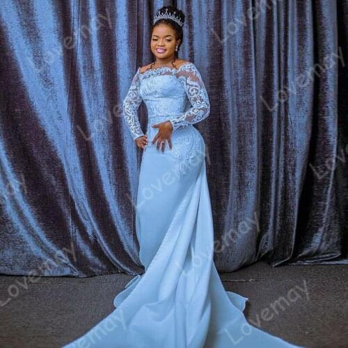 2021 Sky Blue Muslim Mermaid Evening Dresses Off the Shoulder Lace Appliques Saudi Arabia Long Sleeves Prom Gown Robes De Soirée