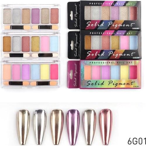 6Gride, 6Color-Nail Solid Chrome Magic Mirror Pigment Kit Laser Glitter Powders For UV Nails Art Decoration Aurora Powder 401(T)