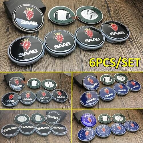 6PCS/SET Car emblem Logo Badge For 9-3 9-5 93 95 BJ SCS label Front Trunk Caps 68mm 62mm Car wheel Center hub covers
