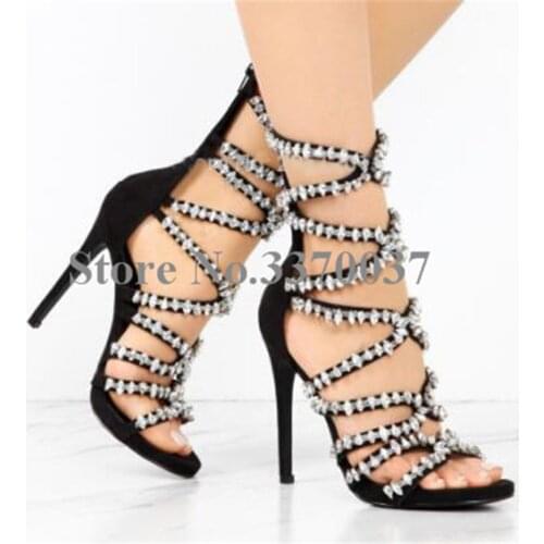 Ladies Luxury Open Toe Rhinestone Straps Cross High Heel Sandals Cut-out Black Crystal Gladiator Sandals Formal Dress Shoes