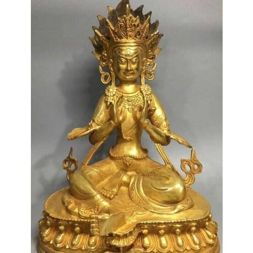 11" Rare Bronze Gilt Green Tara Mahayana Buddhism Goddess Enlightenment Statue