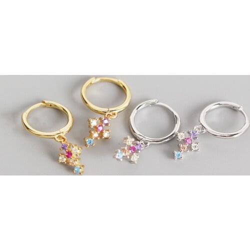 CCFJOYAS S925 Sterling Silver INS Cross Small Hoop Earrings for Women Simple Colorful Zircon Silver Gold Earrings 2021 Jewelry