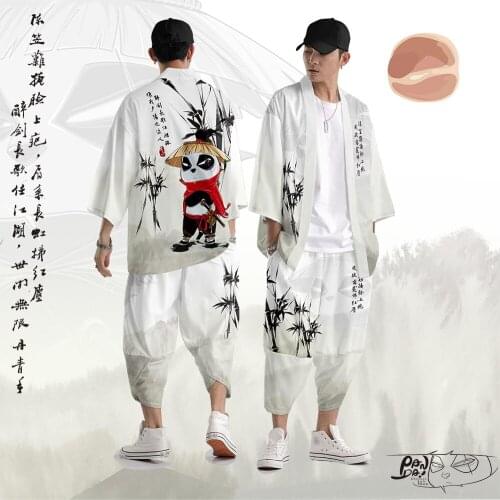 Mens White Panda Print Kimono And Pant Cardigan Jacket Man Yukata Samurai Costume Haori Obi Streetwear