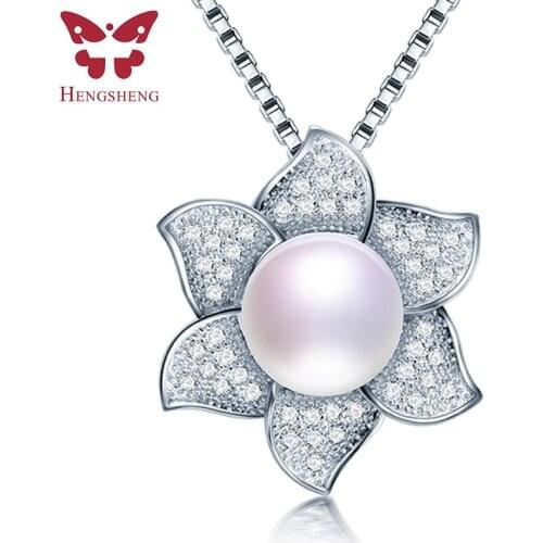 HENGSHENG Fashion Jewelry Natural Freshwater Pearl Necklace For Women 925 Sterling Silver Zircon Flower Pendant Jewelry Gift