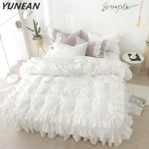 Pure cotton lace Bedding Sets white Duvet Cover Set luxury Bed Linen princess bed skirt twin full queen king wedding bedclothes