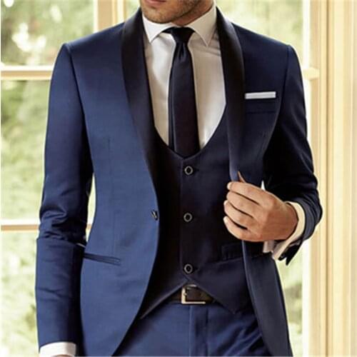 Navy Blue Shawl Lapel Formal Men Suit Latest Coat Pant Designs t Slim Fit Prom Groom Blazer 3 Piece (Jacket+Pants+Vest+Tie) 104