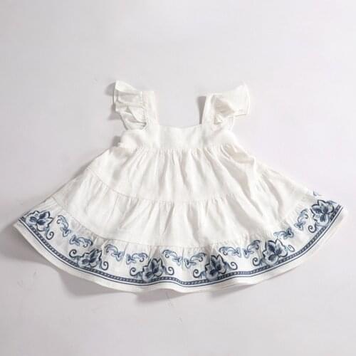 Blue and White Porcelain Embroidery Girls Dress Summer Soft Breathable Toddler Beach Dress Princess Girls Costumes 1-6T Vestidos