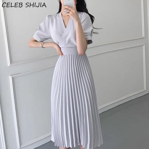Chic Elegant Apricot Dress Woman V-neck High Waist Bandage Dresses Woman Clothing Korean Vintage Pleated Dress Female Summer
