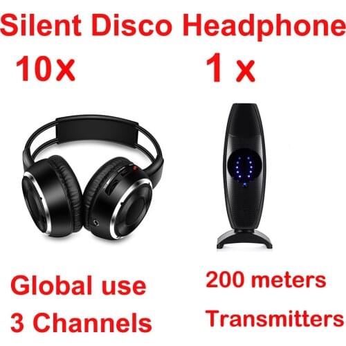 High Quality Professional Silent Disco System Headphones 10 Pcs with 1 Transmitter- RF Wireless For iPod MP3 DJ Music