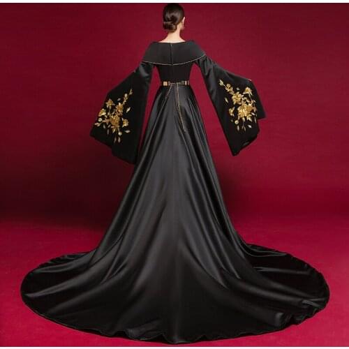 Luxury Fashion Black Chinese Evening Dress Long Wedding Cheongsam Gown Embroidery Qipao Modern Oriental Style Costumes Host Show