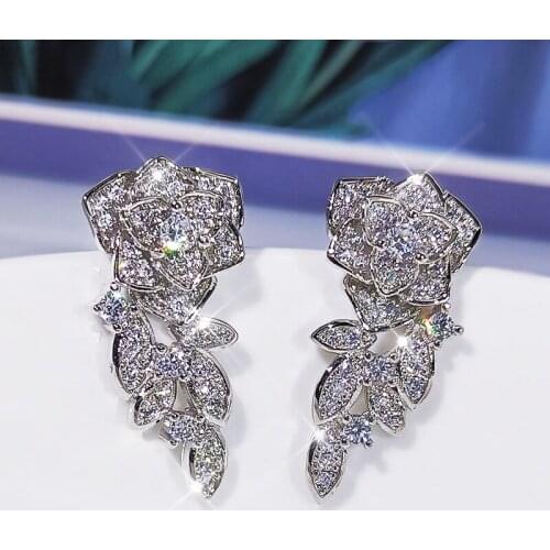 Exquisite design inlaid full diamond three-dimensional rose earrings noble and luxurious ladies anniversary engagement jewelry