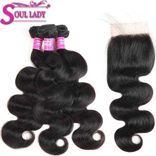Soul Lady Transparent Lace Closure With Bundles Brazilian Body Wave Human Hair 3 Bundles With Lace Closure Remy Hair Extensions