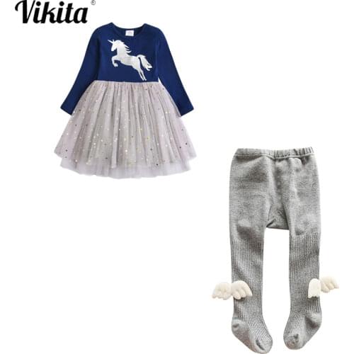 VIKITA Girls Clothing Sets Long Sleeve Unicorn Princess Tutu Dress and Girls Tights Angel Wing Pantyhose Knitted Stockings