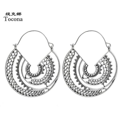 Tocona Vintage Antique Spiral Dangle Drop Earrings for Women Gold Silver Color Hollow Geometric Carving Jewelry Wholesale 9665