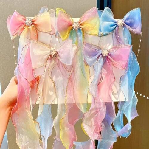 1PC New Girls Chiffon Bows Ribbon Hair Clips Pearls Star Hairpins Children Sweet Headband Fashion Hair Accessories Kid Barrettes