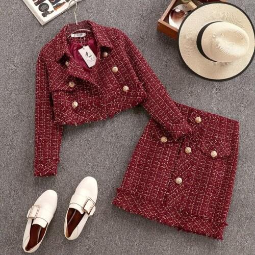 Fall Winter Vintage Gold Double-breasted Tweed Two Piece Set Women Tassel Woolen Cropped Jacket Coat + Mini Skirts Suits