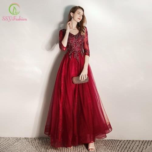 SSYFashion Winter Evening Gowns for Women Elegant Wine Red Half Sleeve V-neck Sequins Beading Formal Dresses Vestidos De Noche