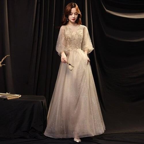 2021 Champagne Color Ladies Super Fairy Texture Student Princess Birthday Party Prom Dress Female Banquet Evening Dress A098