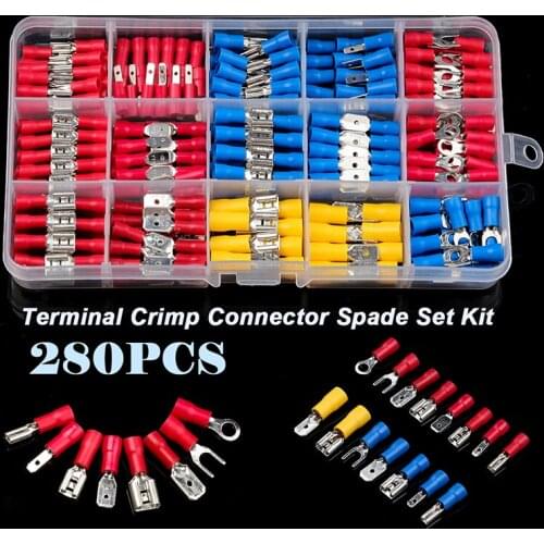 280Pcs Insulated Spade Crimp Terminal Butt Electrical Wire Connectors Cold-Pressure Terminal Red Blue Yellow Assorted Set